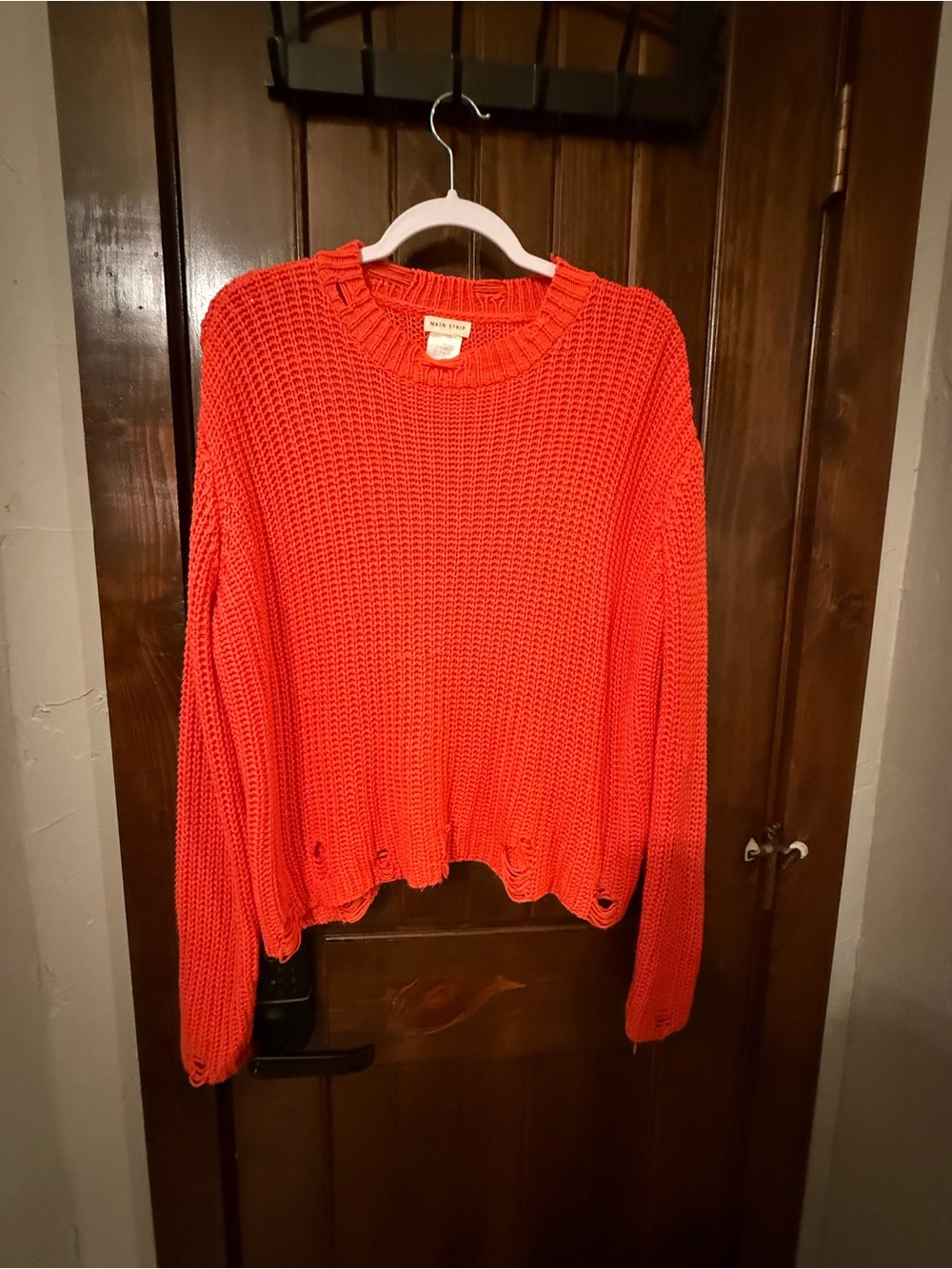 Main Strip Bright Orange Distressed Crewneck Sweater